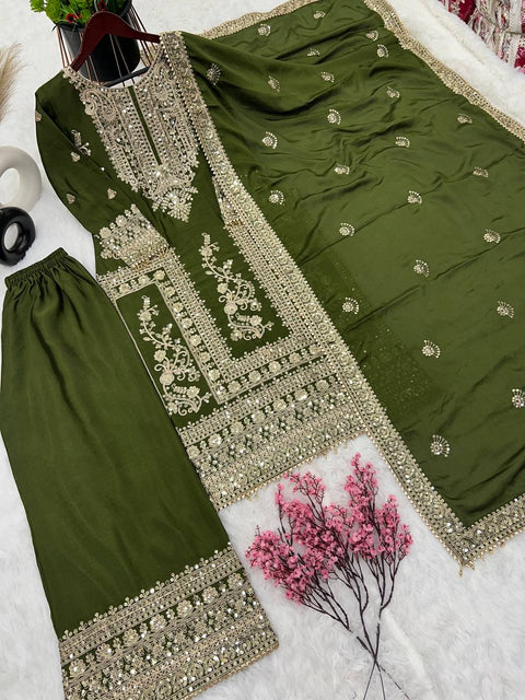 Designer Chinnon Silk Embroidery Coding Dori Salwar Suit