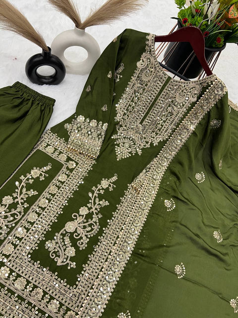 Designer Chinnon Silk Embroidery Coding Dori Salwar Suit