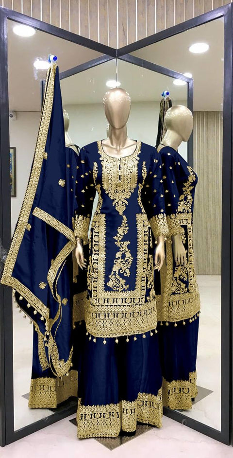 Designer Chinnon Silk Embroidery Coding Dori Salwar Suit