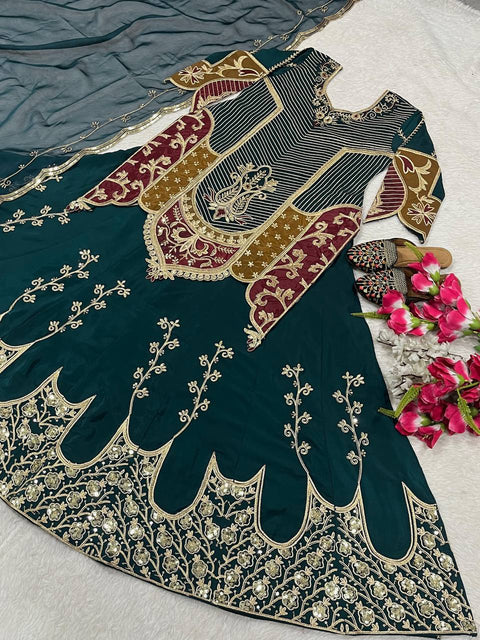 Fancy Embroidery sequence coding Work Top Lehenga set