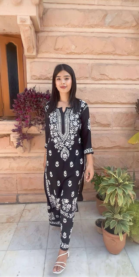 Kurti Pant Set in Black Color With Embroidery Work Daily Wear Kurta
