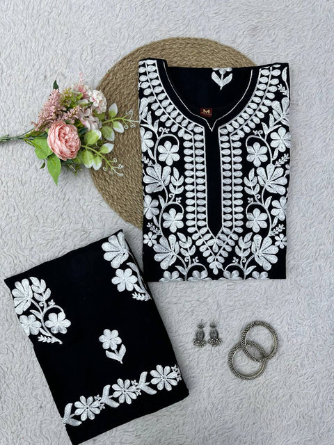 Kurti Pant Set in Black Color With Embroidery Work Daily Wear Kurta