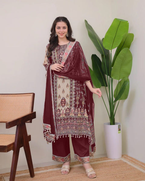 DESIGNER WEAR TOP WITH PRINTED WORK WITH MIROR WORK WITH PLAZZO AND DUPATTA