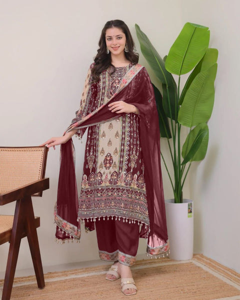 DESIGNER WEAR TOP WITH PRINTED WORK WITH MIROR WORK WITH PLAZZO AND DUPATTA