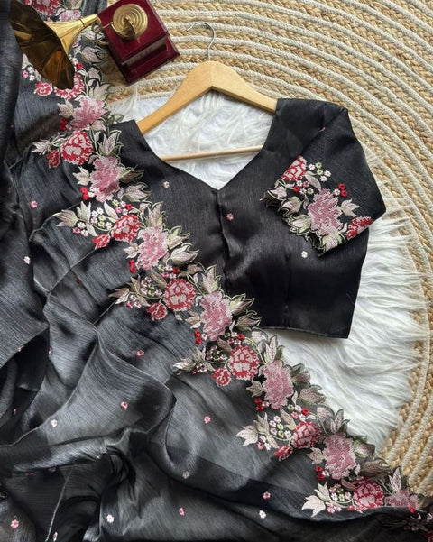 NEW  BURBIRY VIBES CUT WORK EMBROIDERY SAREE