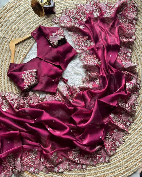 NEW  BURBIRY VIBES CUT WORK EMBROIDERY SAREE