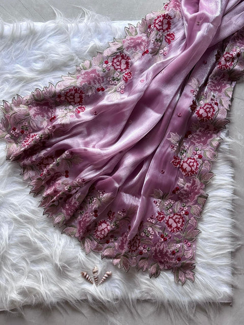 NEW  BURBIRY VIBES CUT WORK EMBROIDERY SAREE
