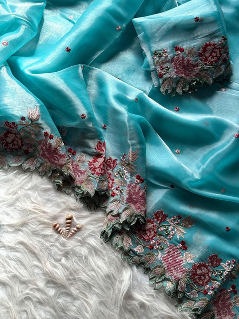 NEW  BURBIRY VIBES CUT WORK EMBROIDERY SAREE