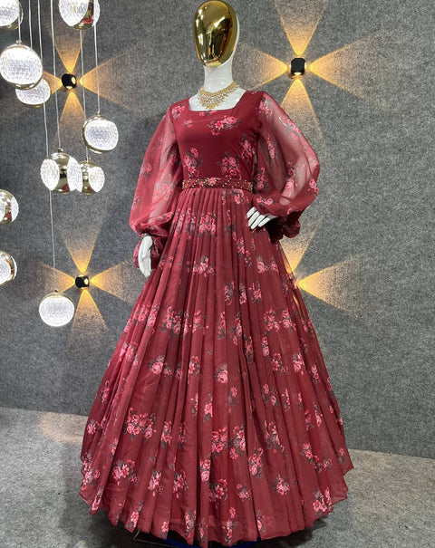 Amazing maroon Georgette Anarkali printed gown