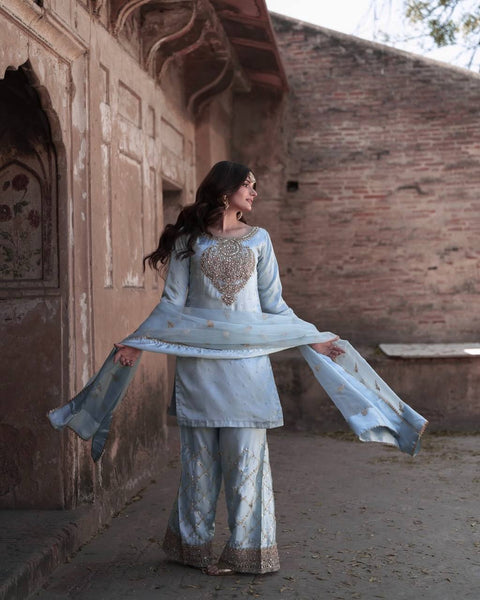 3 PIECE FANCY KURTI WITH BEAUTIFUL PLAZZO AND ATTRACTIVE DUPATTA
