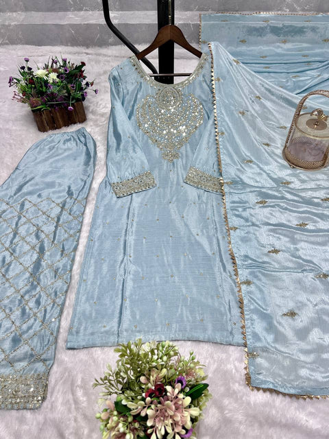 3 PIECE FANCY KURTI WITH BEAUTIFUL PLAZZO AND ATTRACTIVE DUPATTA