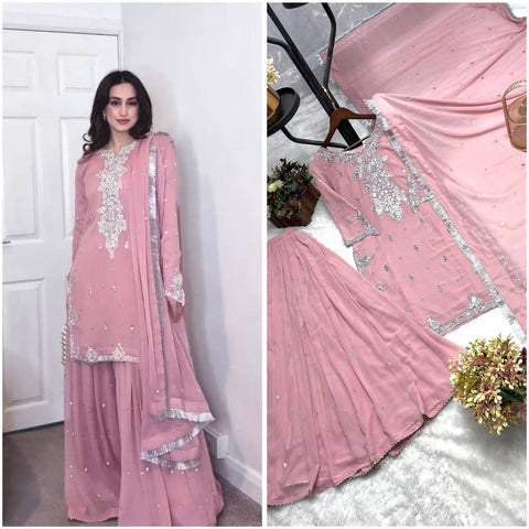 NEW FASHION  3 PIECE FANCY KURTI WITH FLARED PLAZZO AND DUPATTA