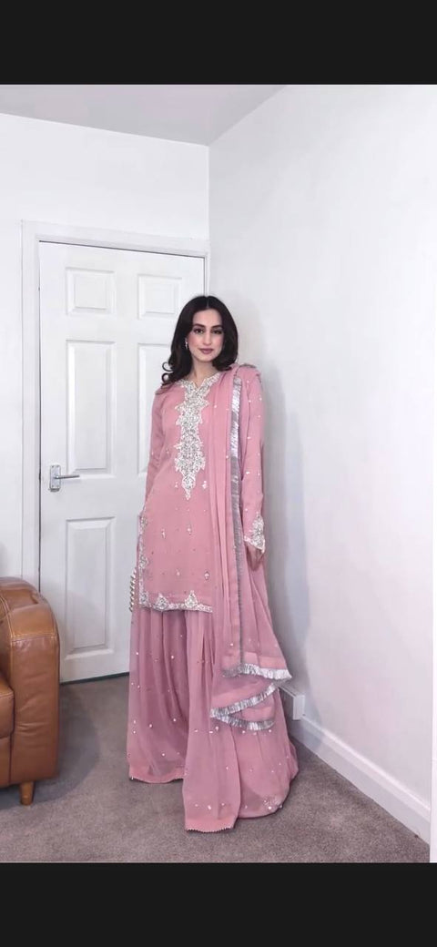 NEW FASHION  3 PIECE FANCY KURTI WITH FLARED PLAZZO AND DUPATTA