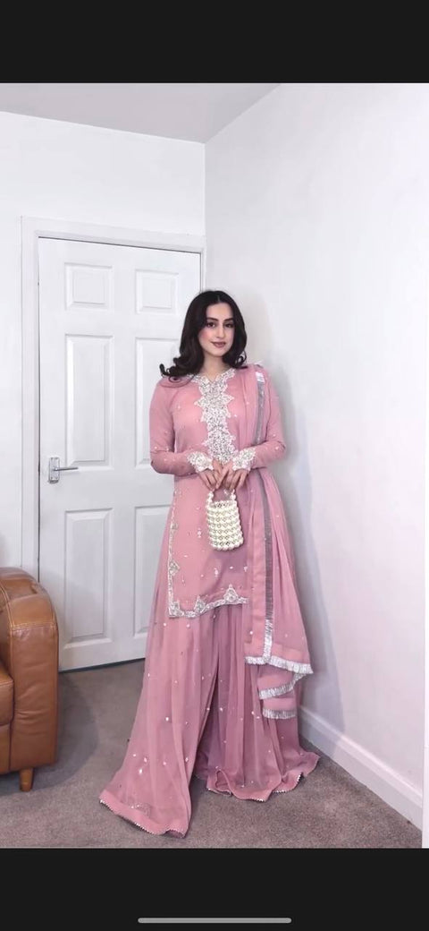 NEW FASHION  3 PIECE FANCY KURTI WITH FLARED PLAZZO AND DUPATTA