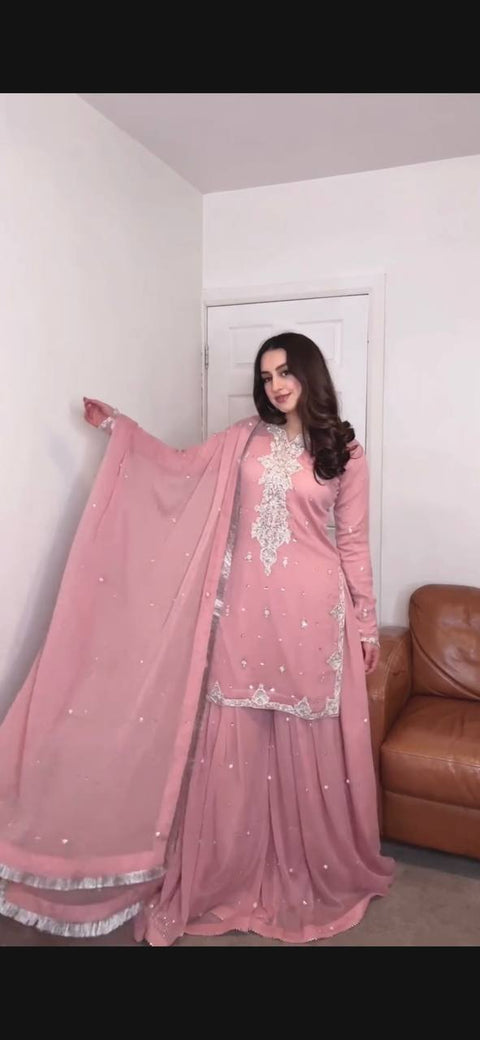NEW FASHION  3 PIECE FANCY KURTI WITH FLARED PLAZZO AND DUPATTA
