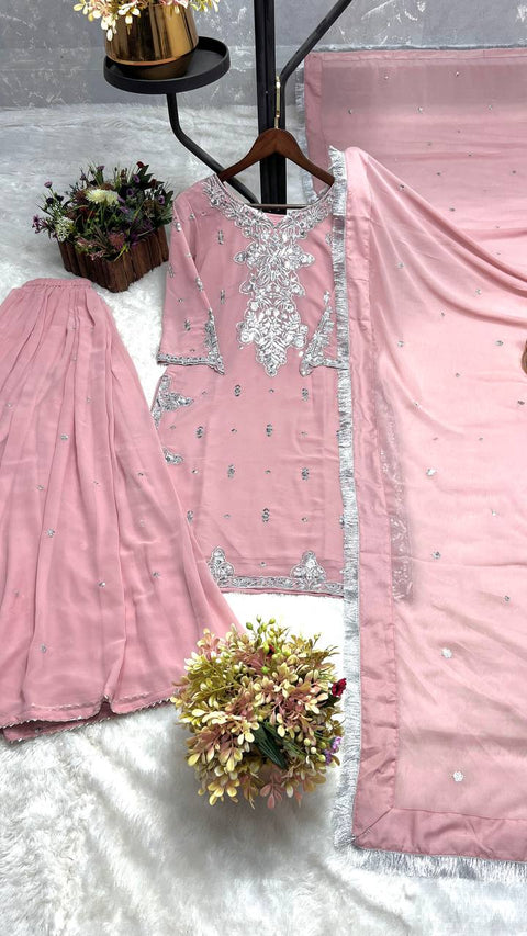 NEW FASHION  3 PIECE FANCY KURTI WITH FLARED PLAZZO AND DUPATTA