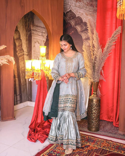 3 PIECE TRENDING FANCY KURTI WITH BEAUTIFUL SHARARA AND DUPATTA