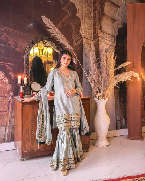 3 PIECE TRENDING FANCY KURTI WITH BEAUTIFUL SHARARA AND DUPATTA