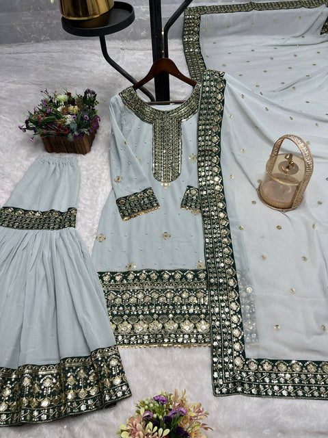 3 PIECE TRENDING FANCY KURTI WITH BEAUTIFUL SHARARA AND DUPATTA