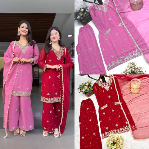 3 PIECE FANCY KURTI WITH PLAZZO AND DUPATTA