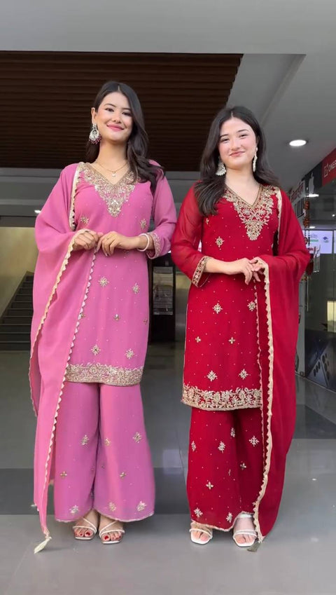 3 PIECE FANCY KURTI WITH PLAZZO AND DUPATTA