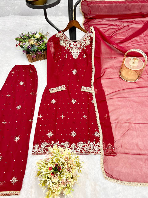 3 PIECE FANCY KURTI WITH PLAZZO AND DUPATTA