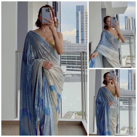 Sky Blue Party Wear Saree in Georgette With Sequence Work and Digital Print