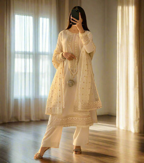 Heavy Soft Chanderi Silk With With Embroidery Sequence Work Top-Bottom And Dupatta Set