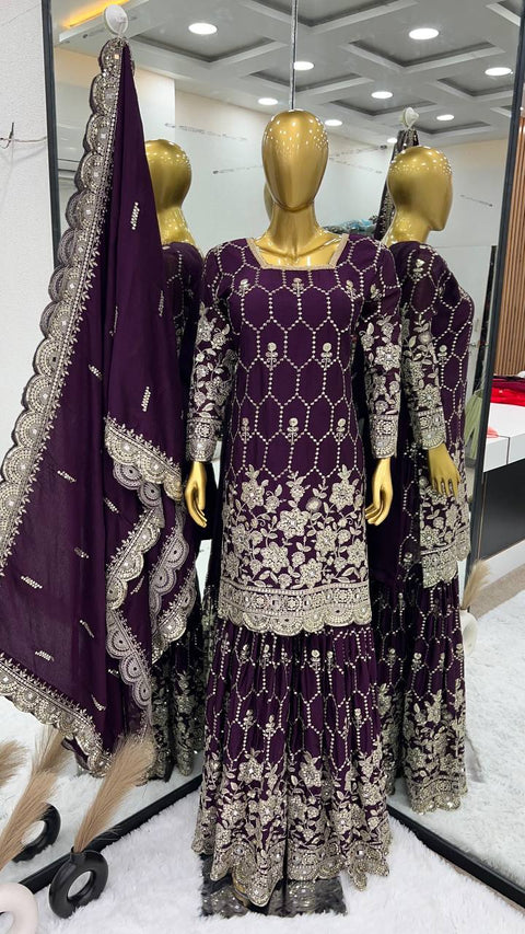 Sharara  in Faux Georgette Top-Bottom And Dupatta Set