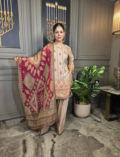 PRINTED FRENCH CREAPE TOP AND SALWAR WITH DUPATTA
