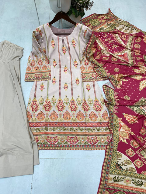 PRINTED FRENCH CREAPE TOP AND SALWAR WITH DUPATTA