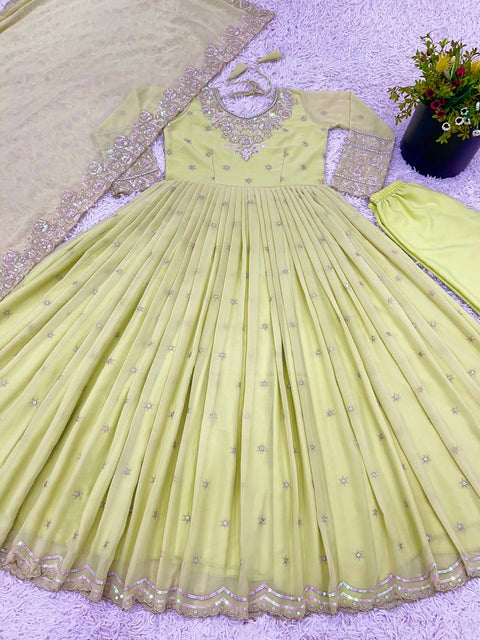 New Designer Party Wear Full Heavy Embroidery Sequence Work Gown and Bottom Dupatta.