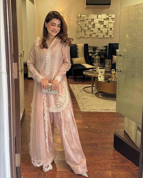 New Designer Collection In Natural Crepe Silk Top-Bottom And Dupatta Set