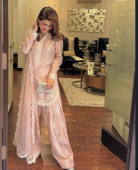 New Designer Collection In Natural Crepe Silk Top-Bottom And Dupatta Set