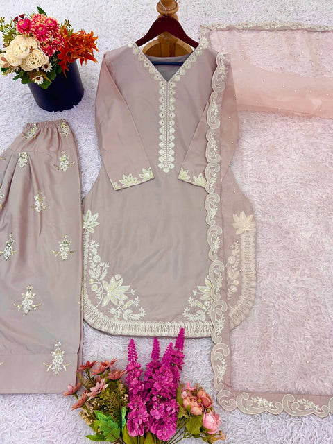 New Designer Collection In Natural Crepe Silk Top-Bottom And Dupatta Set