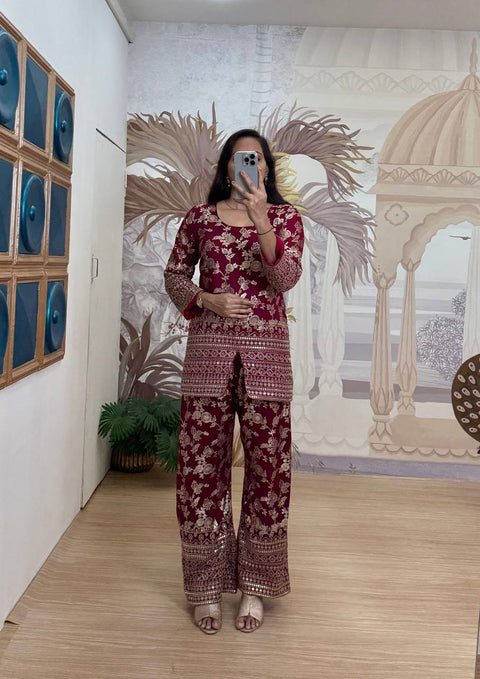 CO-ORD SET WITH FULL EMBROIDERY WORK ON DOLA SILK WEAVING FABRIC