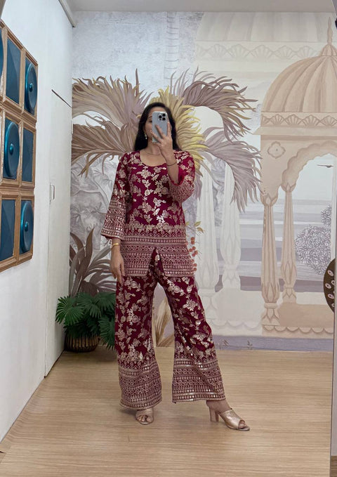 CO-ORD SET WITH FULL EMBROIDERY WORK ON DOLA SILK WEAVING FABRIC