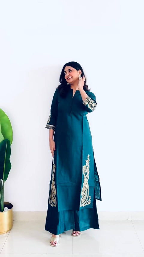 DESIGNER HEAVY ROMAN SILK TOP PLAZZO SUIT SET
