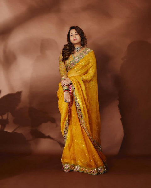 BEAUTIFUL YELLOW COLOUR DESIGNER MIRROR WORK PARTY WERE SAREE