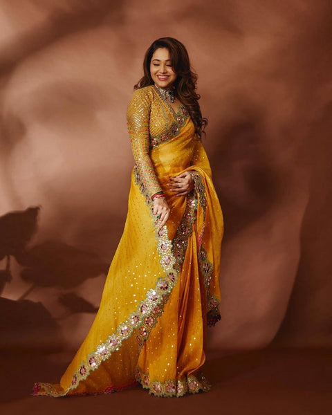 BEAUTIFUL YELLOW COLOUR DESIGNER MIRROR WORK PARTY WERE SAREE