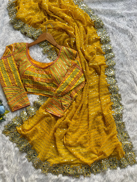 BEAUTIFUL YELLOW COLOUR DESIGNER MIRROR WORK PARTY WERE SAREE
