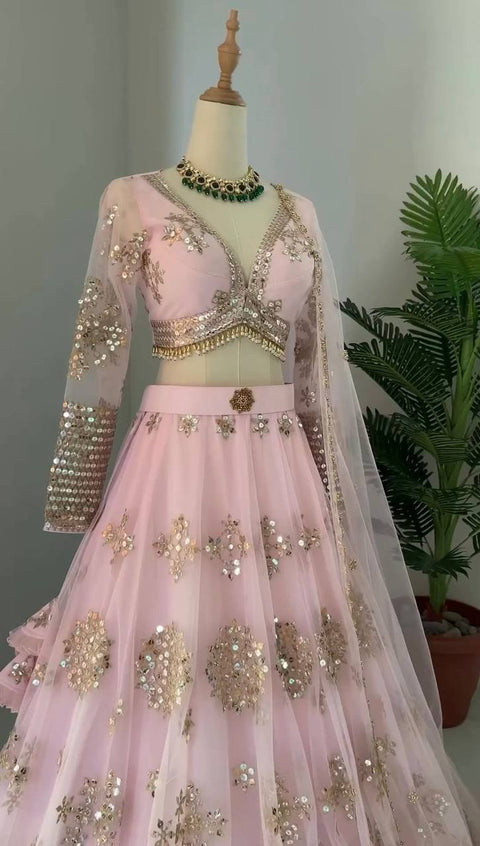 Baby Pink Color Butterfly Net Sequence Lehenga Choli