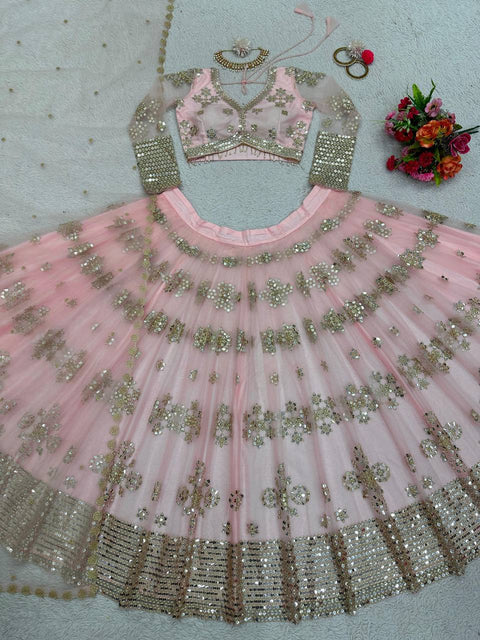 Baby Pink Color Butterfly Net Sequence Lehenga Choli