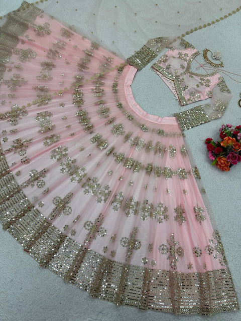 Baby Pink Color Butterfly Net Sequence Lehenga Choli