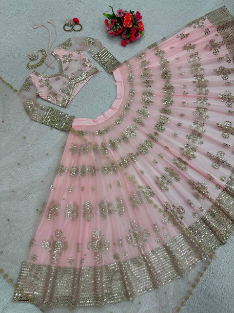 Baby Pink Color Butterfly Net Sequence Lehenga Choli