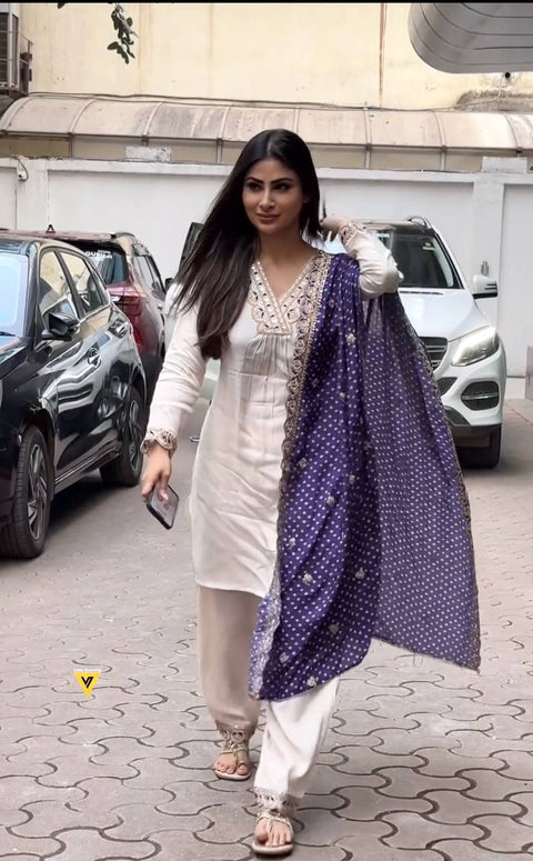 Celebrity Style White Color Kurti Pant With Purple Dupatta Anarkali Suit