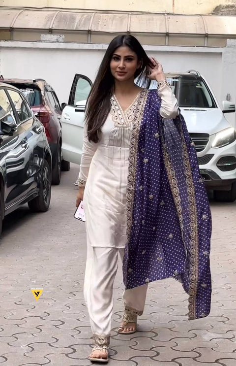 Celebrity Style White Color Kurti Pant With Purple Dupatta Anarkali Suit