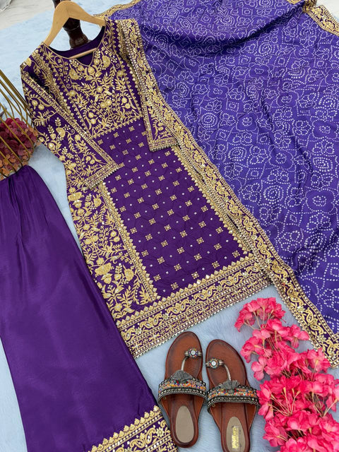 Beautiful Purple Colour Embroidery With Digital Print Kurti Plazo