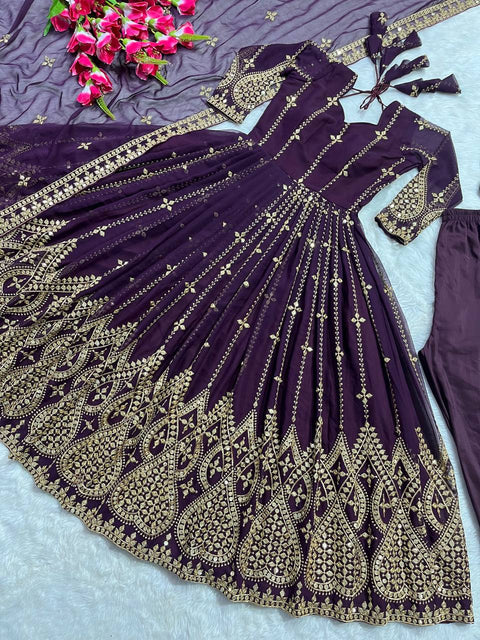 Anarkali Purple Georgette Sequence Work Gown & Pant