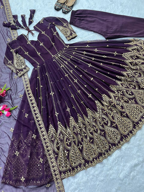 Anarkali Purple Georgette Sequence Work Gown & Pant